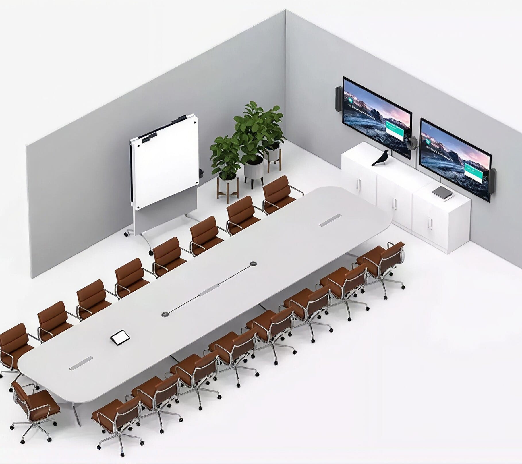 Isometric view of a modern boardroom with display screens and conferencing equipment