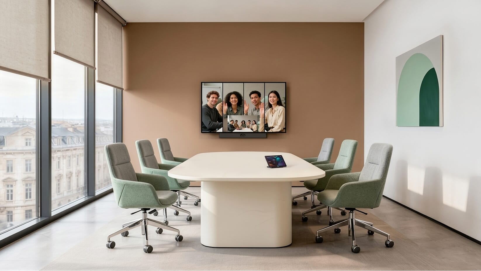 Small meeting room with oval table and wall display
