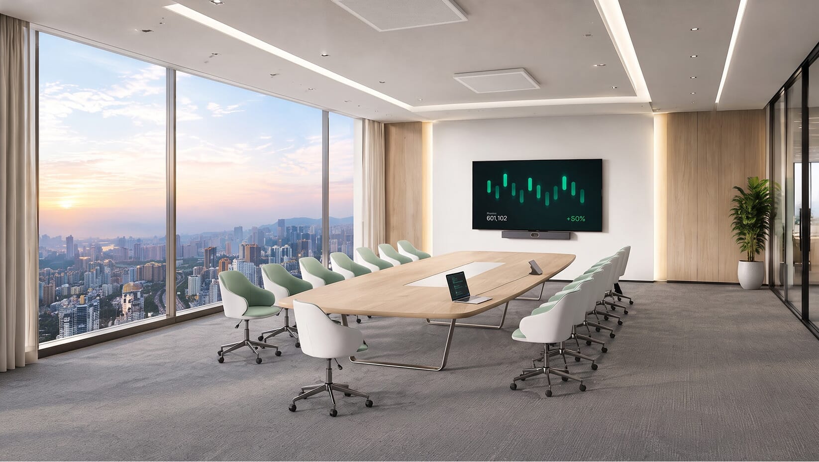 Medium conference room with long table and wall display