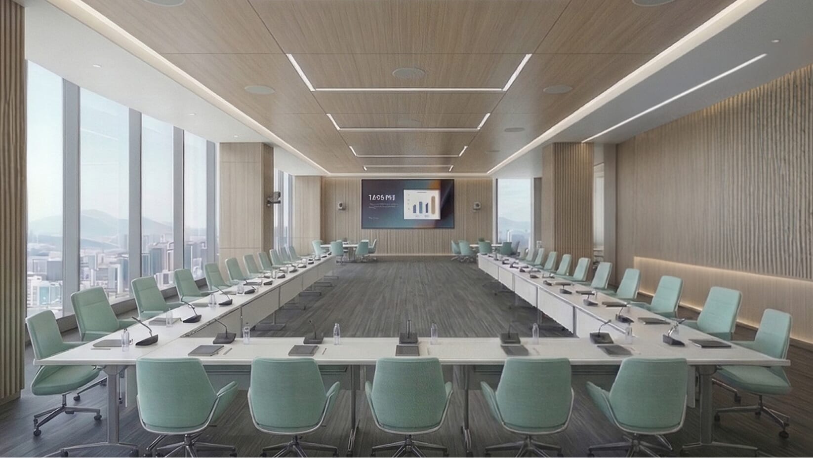 Boardroom with long table and dual wall displays
