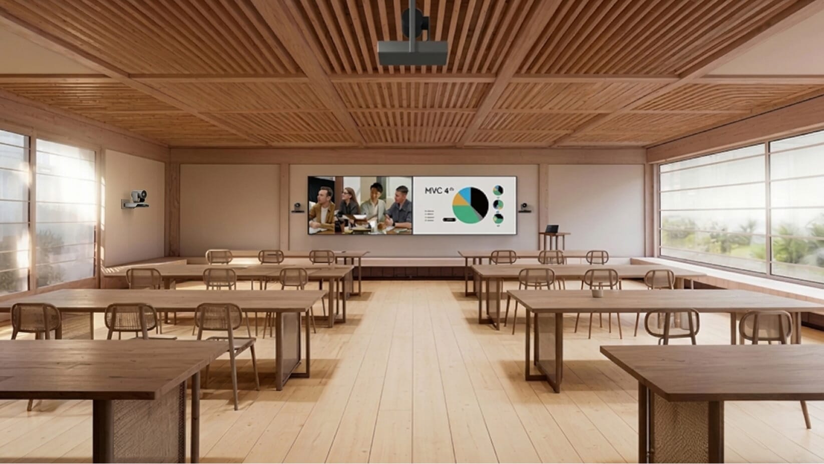Training room with tables, wall display and ceiling projector